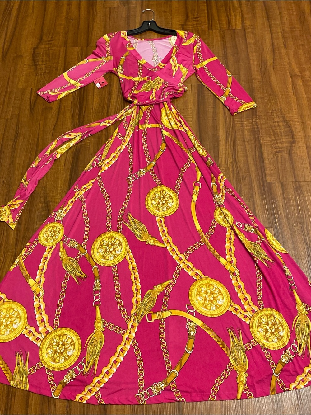 New Women’s Pink & Gold Chain-Print Wrap Maxi Dress
